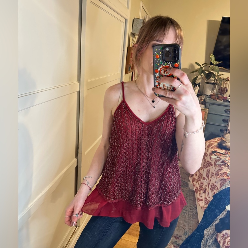 Dina Be Deep red,  Beaded sheer layered tank